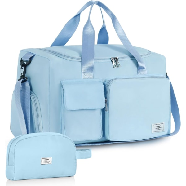 Sportsbag for kvinner og menn med skosrom, weekend-reisebag, overnattingsbag for kvinner, sammenleggbar vanntett bag for sykehus Light Blue (With Toiletry Bag)