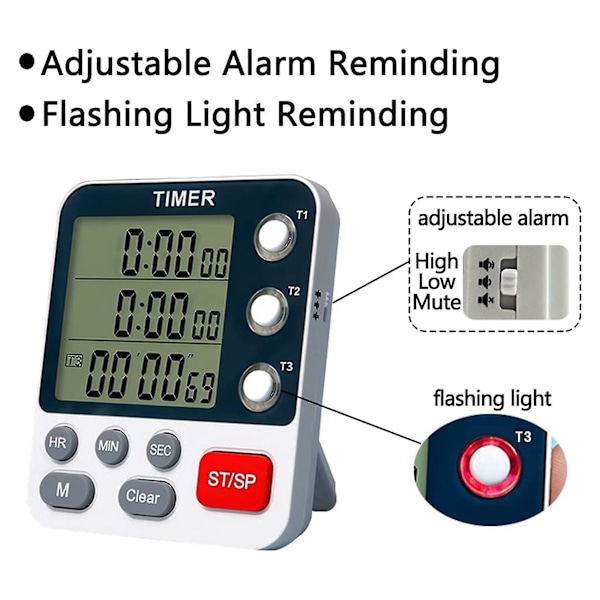 Digital dubbel kökstimer, 3 kanaler räkna upp/ner timer, matlagningstimer, display, hög volym larm