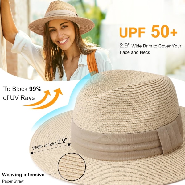 Dame Halm Panama Hat Fedora Strand Solhatt Bred Bremskjerm Halm Rull opp Hat UPF 50+ Band Beige One Size