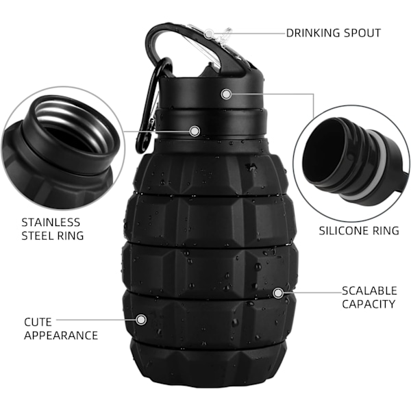 18 oz Vikbar Reseflaska, Återanvändbar Silikon Vikbar Vattenflaska för Kontor, Skola, Gym, Camping, Vandring, Bärbar Läckagesäker Sportflaska Black