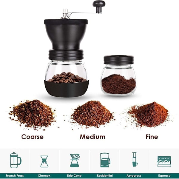 Manuell kaffebönskvarn med 2 glasburkar (11oz vardera), handkaffekvarn med keramisk kvarn, handvev/handhållen, liten bärbar kaffekvarn Transparent 11oz grinder
