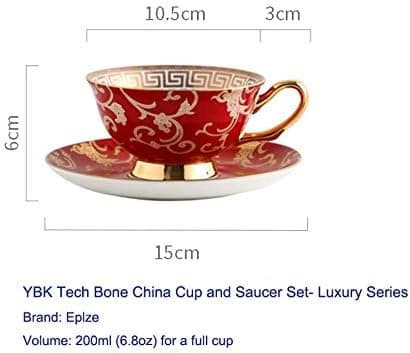 YBK Tech Euro Style Benporslinskopp & Fatbricka Set, Keramisk Te- & Kaffeekopp för Hem, Kök, Bröllop (Retro Blommönster - Röd) Retro Flower Pattern Red