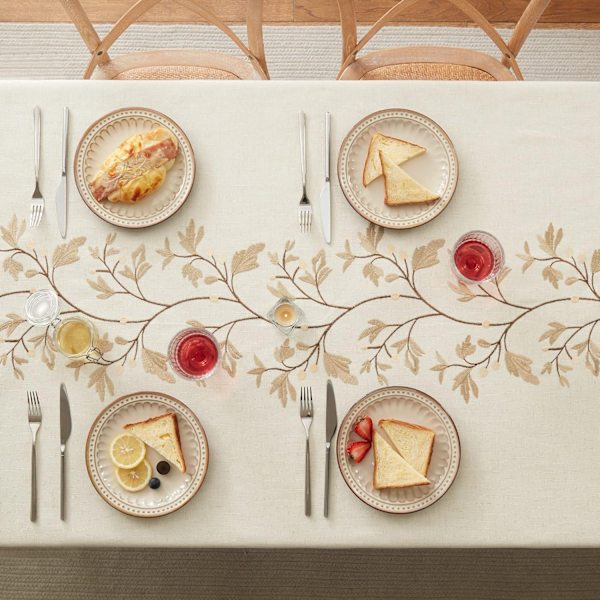 Cotton Linen Tablecloth for Dining Room Brown Leaves Rectangular Tablecloth with Beige Tassels