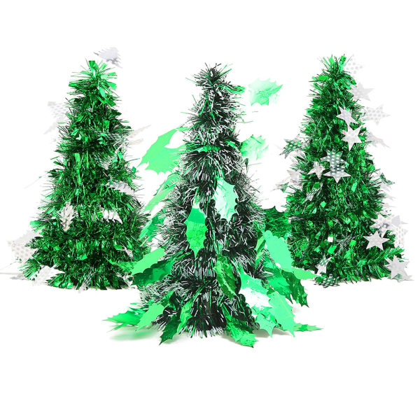 Mini juletræ, lille juletræ, kunstig pailletter tinsel bordplade juletræ Desktop dekoration træ til hjemmekontoret (3 pakke) (grøn)
