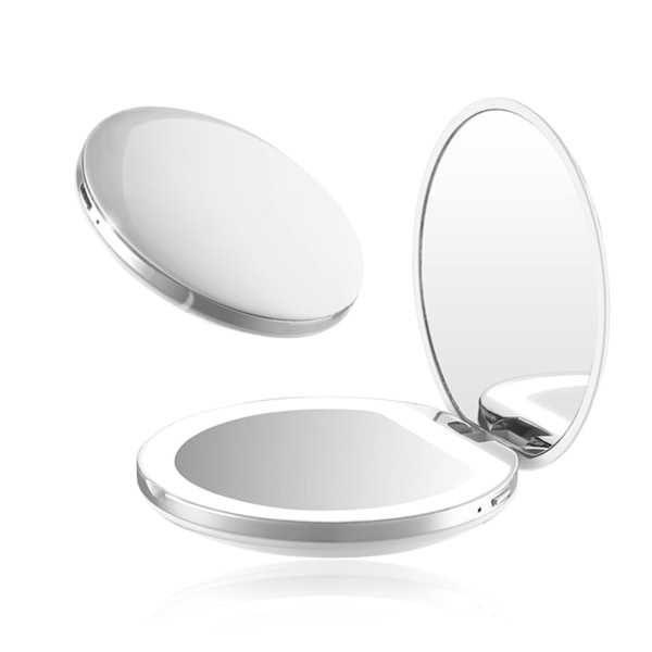 Kompakt forstørrelsesspeil, oppladbart reisespeil med lys, lite sminkespeil, sammenleggbart bærbart speil, lommespeil for veske (hvit)