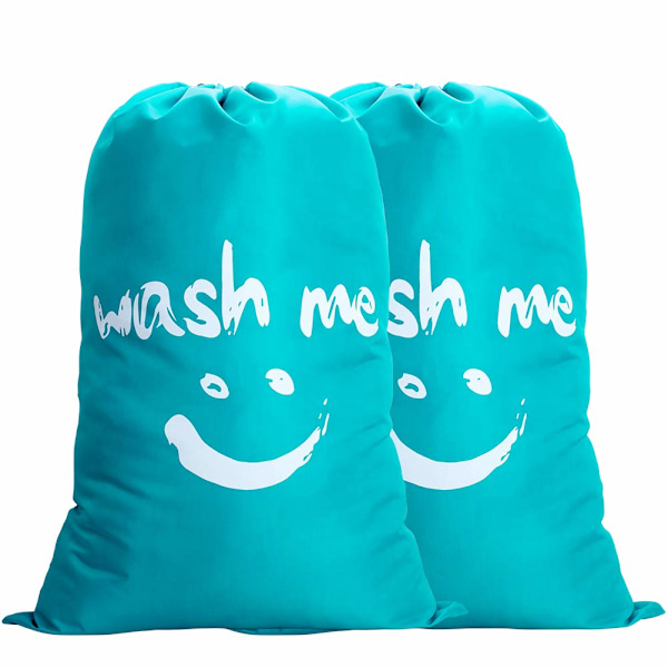 Ekstra Stor Vaskepose, 120L Sammenleggbar Oppbevaringspose med Snøring, 420D Nylon Vaskepose Stoffpose for Reise, 63x93cm, 2 Blå Smil blue