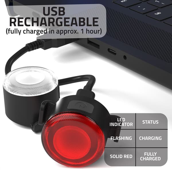 LED Sykkellyssett, USB Oppladbart, Vanntett, 6 Lysstyrkemoduser, 1 Sett