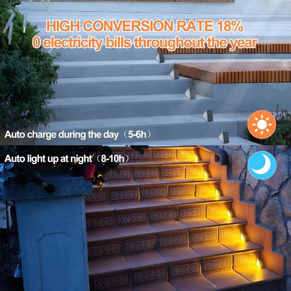 Solar Powered Stair Light Outdoor Warm White Light - 6-pack - 1W IP65 - 8*6.5cm - Waterproof Lighting for Steps and Decks