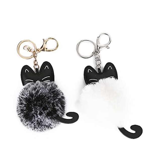 Plys Kat Pom Pom Nøglering - Sød Killing Pom Pom Nøglering Tilbehør, Velegnet til Kvinders Taske Dekoration - Sort Hvid Frost Guld Spænde