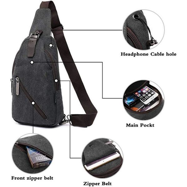 Canvas Sling Crossbody Taske Dagrygsæk til Mænd Kvinder Udendørs Rejser Casual Skulder Bryst Rygsæk Tasker Dag Pakke Jagt Vandring Camping Sort Grå #37black Gray(canvas)