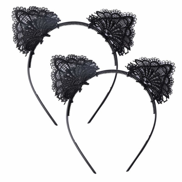 2 stykker katteører pannebånd, sexy svart blonder katteører for kvinner Hårbåndtilbehør til fest Cosplay Halloween kostyme