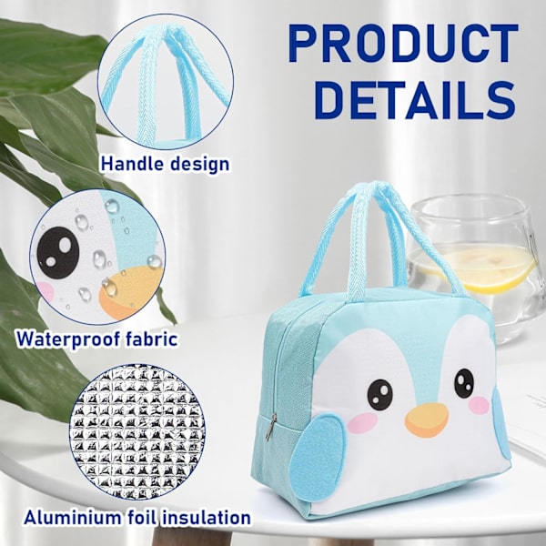 Lasten lounaslaukku tytöille ja pojille, uudelleenkäytettävä eristetty lounaslaukku, pieni taitettava vedenpitävä lounaslaukku matkoille, piknikille ja kouluun Light Blue Penguin