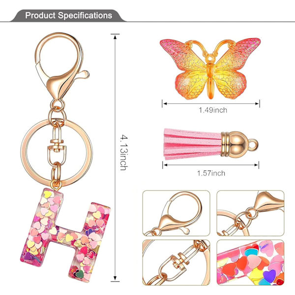Nyckelringar i form av initialer för kvinnor Tassel Butterfly Pink Purple Cute Car Keyring för plånbok Handväskor Ryggsäck A-Z Pink H