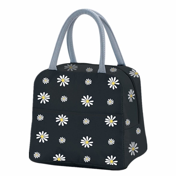 Isolerad lunchväska, bärbar termisk lunchväska kylväska Daisy mönster lunchlåda arrangör tote väska arbete skola picknick camping resor (svart)