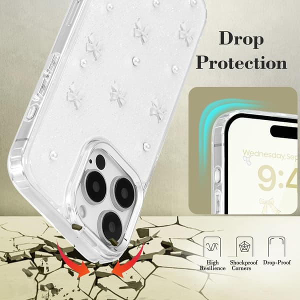 Case for iPhone 15 Pro Max, Bling Glitter 3D Bow Phone Case Cute Glittery Crystal Clear Bow Slim Soft Durable Protective Cover Whit