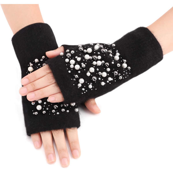 Vinterhandskar för flickor, söta tecknade djurklövar, halvfinger, tjocka & varma, mjuka plysch, korallfleece, snöre, vantar Pearled Black