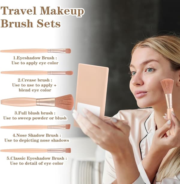 Travel Makeup Brush Set 5 Pcs Mini Makeup Brushes Professional Cosmetic Tools with Case Mirror (Apricot)