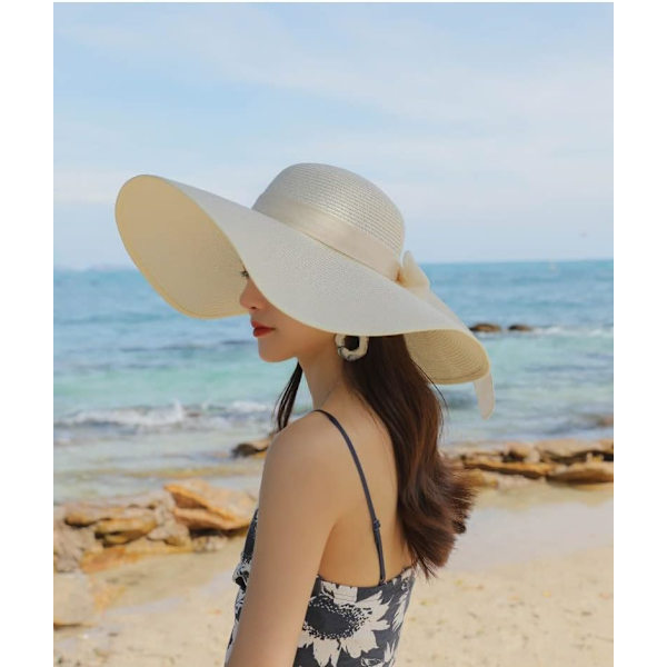 Kvinner sammenleggbar floppy bredbremmet stråsolhatt sommer strandhatt UV UPF 50+ 02Style lvory white