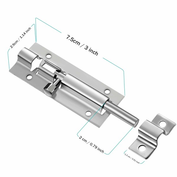 4-pack dörrsäkerhetsspärrlås cylinderbultlås skjutdörrbult rostfritt stål skjutdörrlås med skruvar för hem, trädgård (silver)