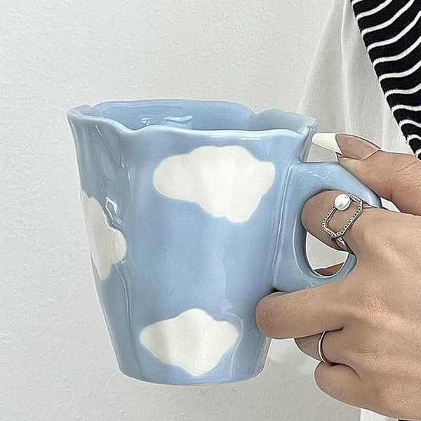 Ceramic Coffee Cup, Cute Cappuccino Cup with Handle, 300ML Hand-painted Irregular Breakfast Oatmeal Cup Creative Tea Milk Cup