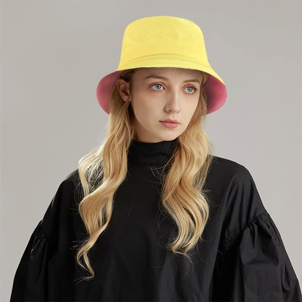 Söpö Bucket Hat Beach Fisherman hatut naisille, käännettävä kaksipuoleinen kuluminen Pink Yellow