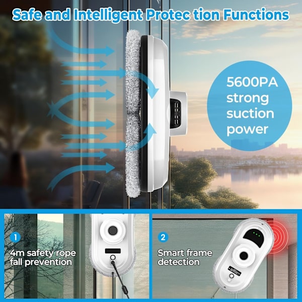Automatic Window Cleaning Robot with 5600 Pa Suction Power, Intelligent Navigation, Remote Control, Edge Detection, and Safety Mode.