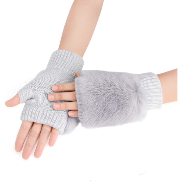 Vinterhandskar för flickor, söta tecknade djurklövar, halvfinger, tjocka & varma, mjuka plyschkorallfleece-snörehandskar Solid Light Grey