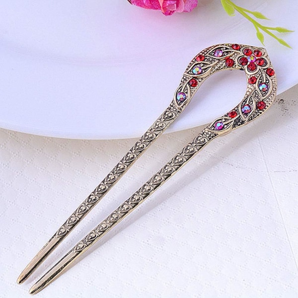 2 Stk Vintage Hair Stick, Krystal Rhinestone Double Prong Hair Pin Stick Frisure Chignon Hairpin Multicolor 2 Count (Pack of 1)