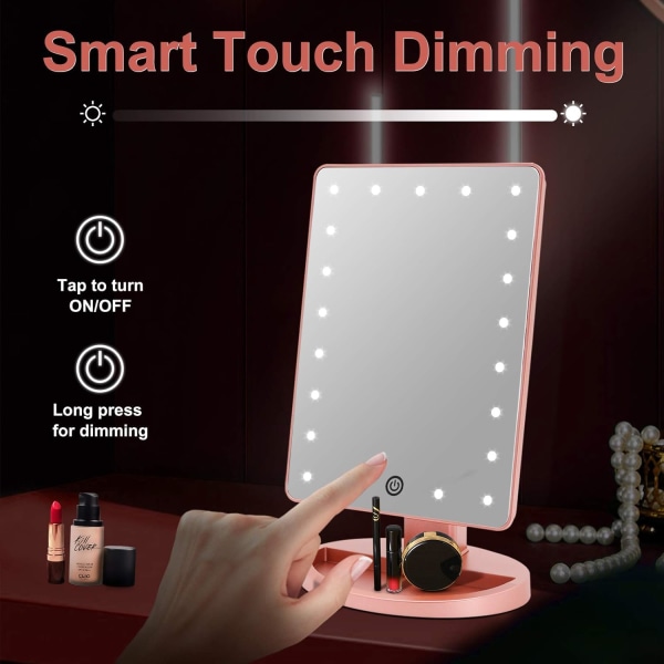 Sminkningsspegel med lampor, 21 LED-sminkspegel med touchsensor och 10x förstoringsspegel, 180 graders roterande skrivbordsspegel, Rose Gold
