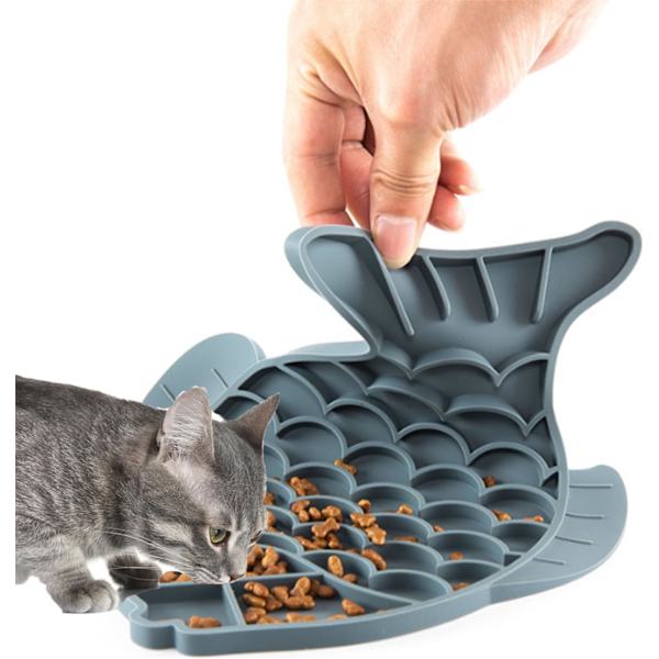 Langsomt Foder Skål til Kat, Kat Langsomt Foder, Kat Langsomt Foder Skål, Kat Puslespil Foder til Indendørs Katte, 1 Fisk Plade Grå, 1 Børst - Blå, Skridsikker Gray