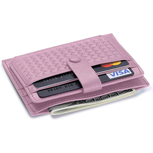 Porte-cartes de crédit, portefeuille en cuir véritable rose à deux volets, blocage RFID NFC avec porte-monnaie à bouton couvert pour femmes #1 Rose