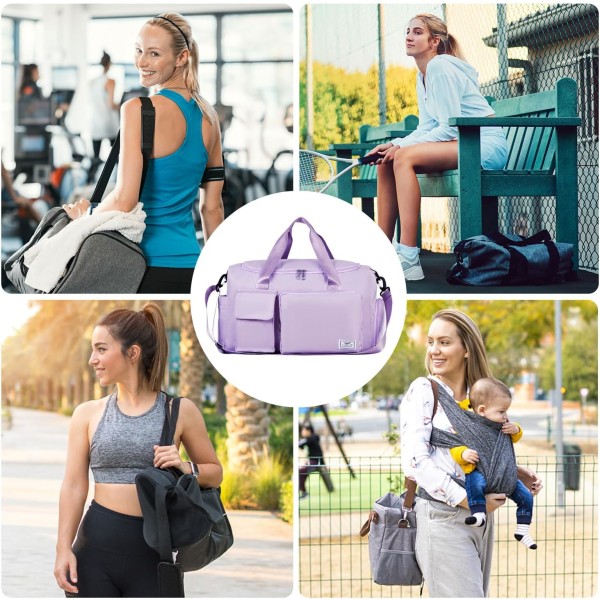 Sportsbag for kvinner og menn med skosrom, weekend-reisebag, overnattingsbag for kvinner, sammenleggbar bag, sykehusbag, lett lilla Light Purple