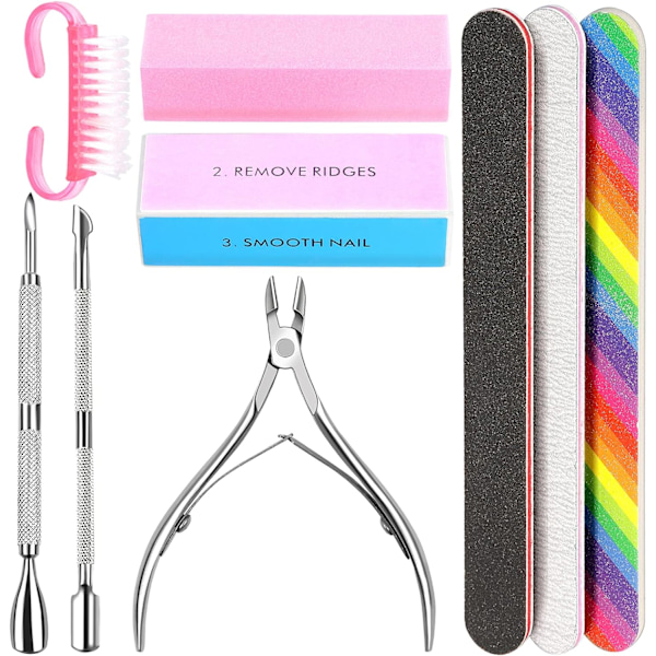 Nagelfilset - 3 st dubbelsidig nagelfil, rektangulär nagelbuffer, bufferblocksvamp polerad, nagelborste, kommer med nagelbandstång och tryck Pink