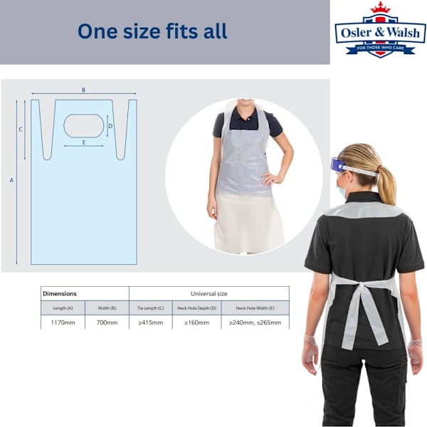 Osler & Walsh Premium engangsforklæder til kvinder og mænd (hvid, 1000 pakke), 700mm x 1170mm polyethylenforklæder til voksne, 16 mikron fladt pakket White 1000 Aprons