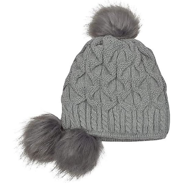 Naisten neulottu hattu Talven lämmin pipo, jossa Pom Pom Bobble -hattu tyyli tuulenpitävällä korvaläpällä (harmaa)