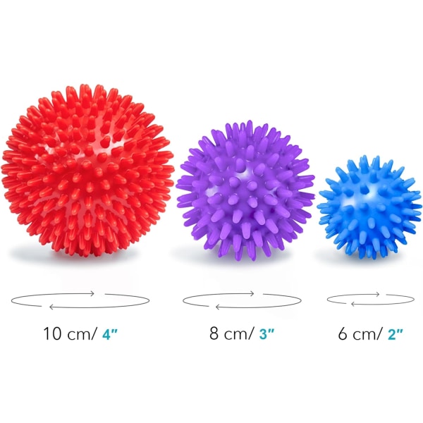 Spikiga massagebollar (set om 3) - 6,5 cm, 7,5 cm, 9 cm - Plantar fasciit, triggerpunkt, djupvävnadsmassage, myofascial release, stressboll, yoga pilates ex Red, Purple, Blue