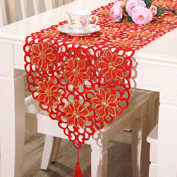 Bordløber 40x176 cm, vaskbart te-borddæksel dekoration Vintage broderede blomster bordløber til hjemmet, fest, banket, rød