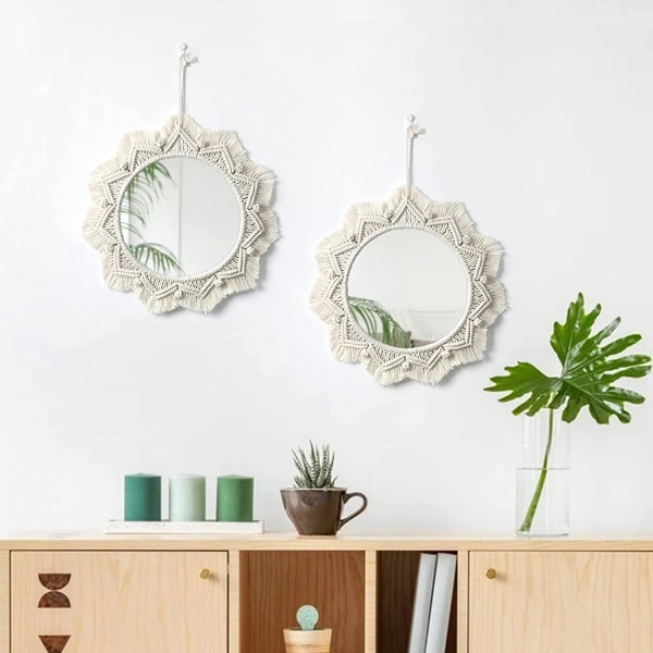 Väggmonterad spegel med Macrame-fransar Set Rund Boho Antik Vävd Spegel Konstdekor för Lägenhet Vardagsrum Sovrum Barnkammare (Design 3) Irregular