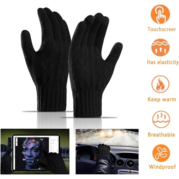 Unisex Vintervarme Strikkhansker, Tykke Fleece Elastiske Mansjetter Smarttelefonhansker Ullhansker Egnet for Vinterutendørs Sport Black