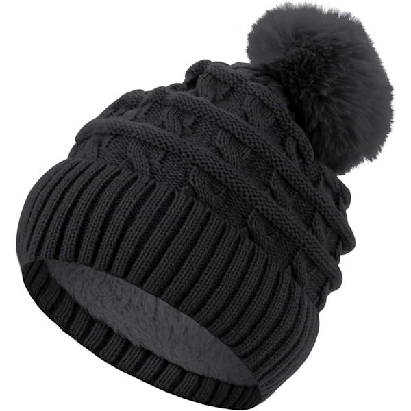 Mössa för kvinnor vintermössa termisk fleecefodrad hatt damer stickade ullmössor med konstpäls pompom Black One size