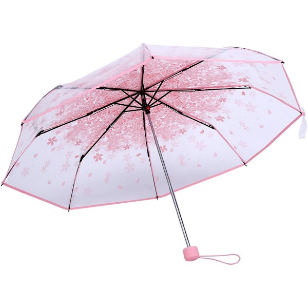 Transparent Foldbar Paraply, Regnparaply Vindtæt Vandafvisende Rejseparaply Moderigtig Prinsesseparaply Klar Paraply med Kirsebærblomst til Pink