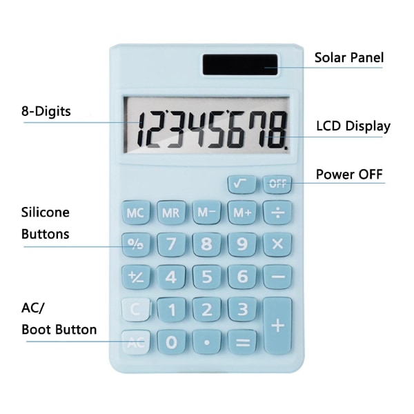 Minilaskimet, taskulaskin 8-numeroinen aurinkoparisto, pöytälaskimet, laskin, vakiotoimintojen yksinkertainen laskin pieni, sininen