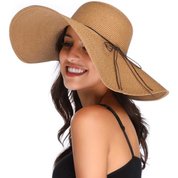 Damebred Strawhat med Bred Skygge, Foldbar, Rulbar, Strandhat, Solhat, UPF 50+ Style Dkhaki