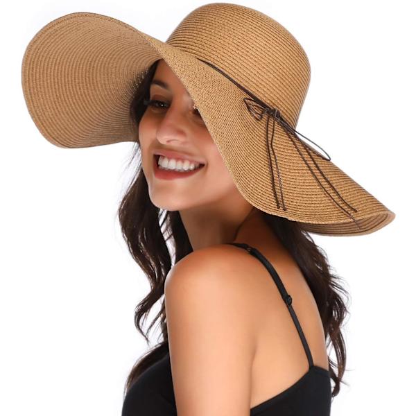 Damhatt i Halm med Bred Brätte, Vikbar, Rullbar, Strandhatt, Solhatt, UPF 50+ Style Dkhaki