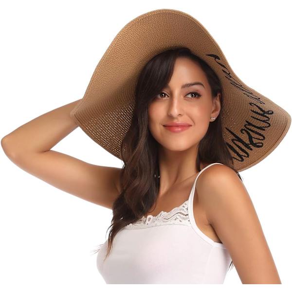Dam bredbrättad halmhatt Floppy hopfällbar rulla upp keps strand solhatt UPF 50+ Style Fhello Sunshine Khaki
