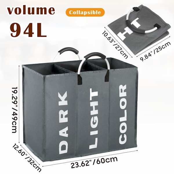 3-delad tvättkorg, ljus och mörk färg canvas, för förvaring av smutsiga kläder (grå) Dark Gray