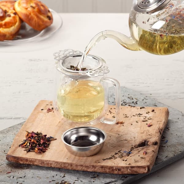 D13 - Stainless Steel Tea Strainer with Double Arms and Drip Catcher for Loose Leaf Tea