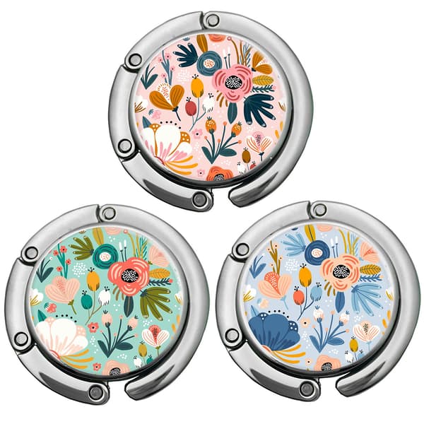 Vikbara krokar för handväskor för kvinnor, bordsställ, väskklämmor (3-delat set med vackra blommiga krokar)