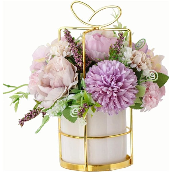 Kunstige blomster falske peon silke hortensia blomst med vase blomsterdekorasjoner for bryllupsdekorasjon bordmidtpunkter (lilla med Purple With Vase Set
