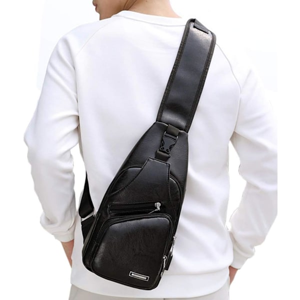 Läder Sling Crossbody Väska Reseryggsäck för Män Kvinnor Liten Axelväska Bröstväskor med USB-laddningsport Utomhus Vandring Camping Dagryggsäckar #21black(pu/Usb)